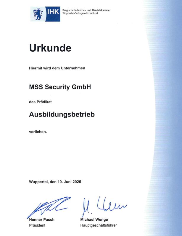MSS Security Zertifikat Urkunde Ausbildungsbetrieb