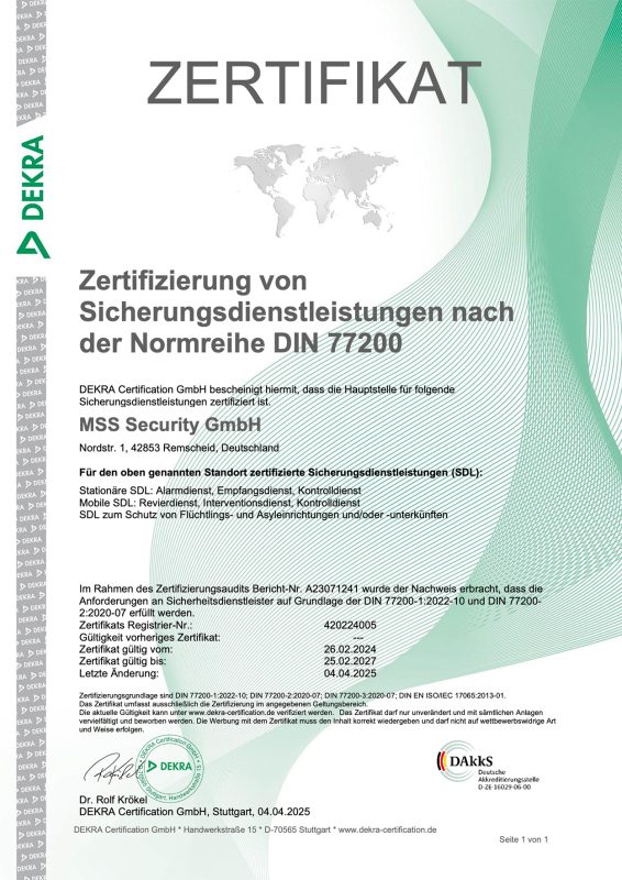 Zertifikat DIN 77200 MSS Security 2025