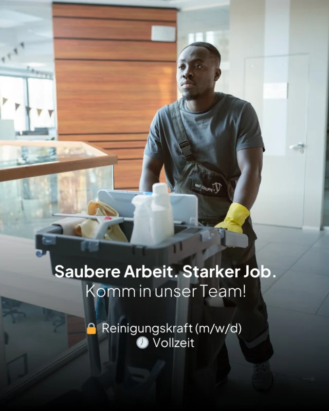 Wir suchen Reinigungskräfte! 🧹✨

Du willst einen sicheren Job, bei dem du für Sauberkeit und Ordnung sorgst? Dann bist du bei uns genau richtig!

👀 Was dich erwartet:
✅ Reinigung von Büros, Treppenhäusern und Sanitäranlagen
✅ Einhaltung von Hygiene- und Sicherheitsvorschriften
✅ Ein tolles Team, das dich unterstützt

💡 Was du mitbringen solltest:
✔️ Sorgfältige & zuverlässige Arbeitsweise
✔️ Freundliches Auftreten & Teamgeist
✔️ Erfahrung? Gerne – aber kein Muss!

Klingt gut? Dann bewirb dich jetzt & werde Teil von MSS Cleaning! 💪🚀

#Recruiting #MSSCleaning #Reinigung #Cleaning #MSSGruppe #Jobangebot