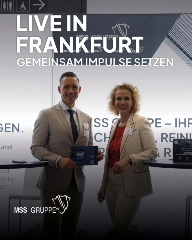 Startschuss in Frankfurt! 🚀
Der Frankfurt Finance & Future Summit 2025 ist offiziell eröffnet und das Team der MSS Gruppe ist live dabei im Kap Europa. 💼✨
Ob Security, Cleaning, Personalservices oder Real Estate Management – wir zeigen, wie integrierte Lösungen Unternehmen in einer dynamischen Wirtschaft nachhaltig stärken.
Mit dabei sind:
👤 Sergej Michel (Inhaber)
🤝 Daniel Ritter (Vertriebs- und Marketingleiter) 
🧼 Mark Musebrink (Geschäftsleiter Reinigung)
🏢 Matthias Spister (Geschäftsführer @ruby_immo)
Zwei Tage voller Impulse, Gespräche und neuer Perspektiven – für eine Zukunft, die wir gemeinsam gestalten. 🌍🤝
#MSSGruppe #FinanceSummit #Frankfurt #TeamMSS #Networking #Security #Cleaning #FacilityManagement #RealEstate #Innovation #BusinessEvent